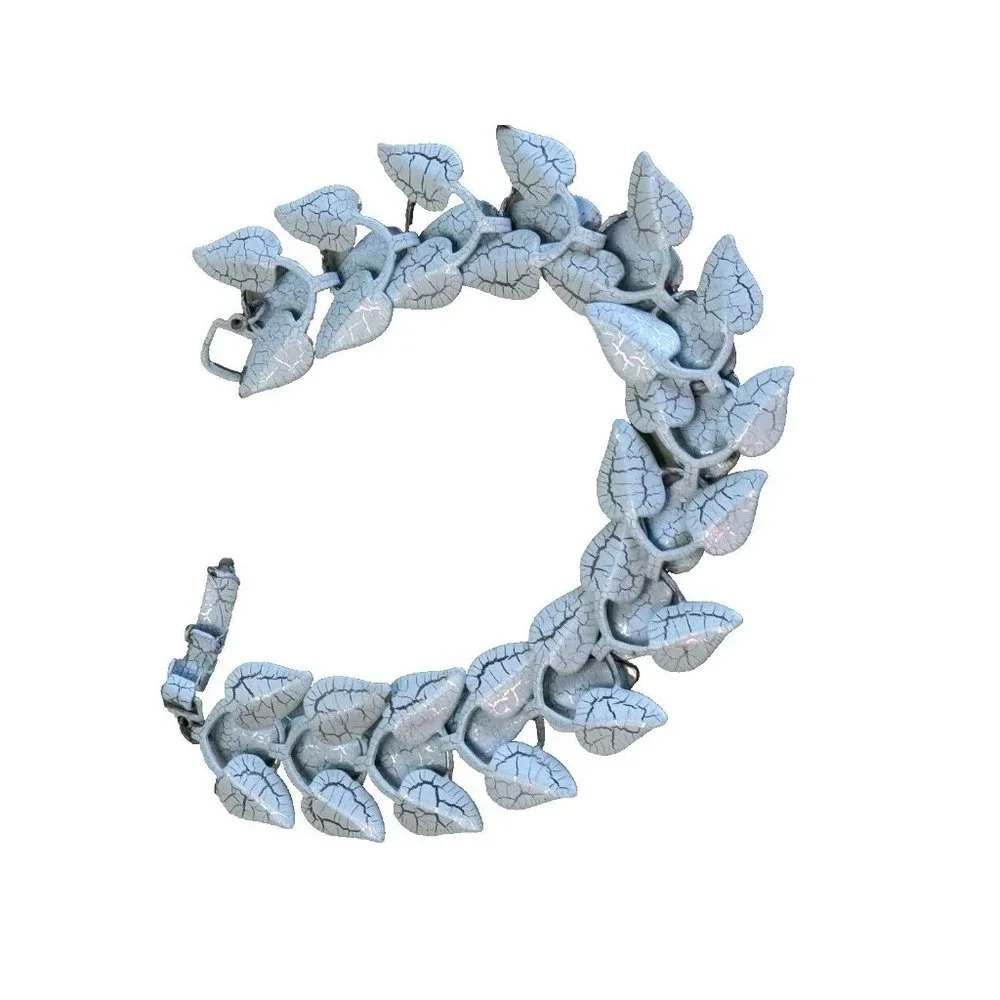 Vintage 1950's Blue and Silver Veined Enameled Articulated Leaf Bracele 7" - Picture 4 of 5